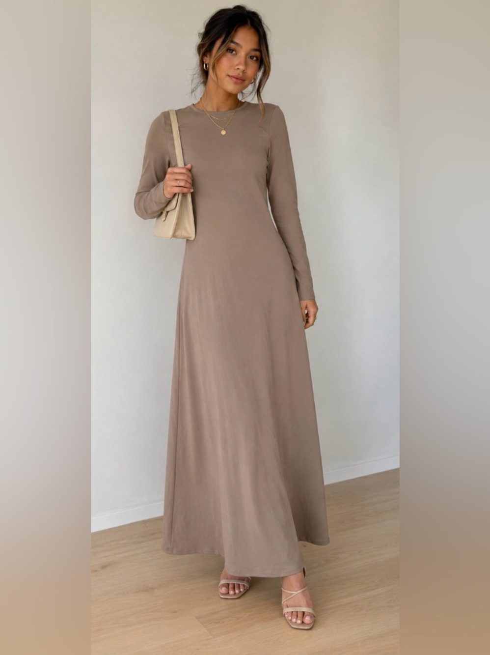ELAA Muted Olive Green/Taupe Satin Long Sleeve A-Line Maxi Dress Size XXS-XS